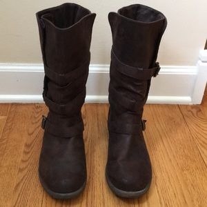 Brown suede mid calf boots